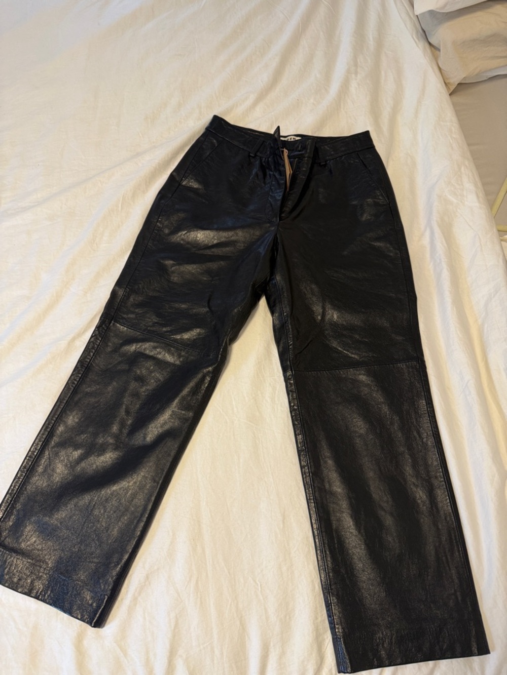 Boden Black Faux Leather Pants with Burgundy Trim